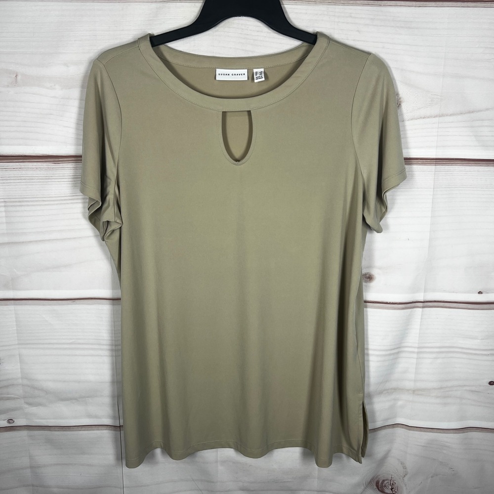 Susan Graver Liquid Knit Top Women 1X Tan Keyhole Short Sleeve Minimalist Blouse